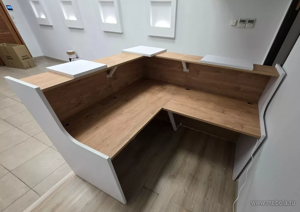 Дар Мебель | cтойка ресепшн, шкаф и тумба Onix в цвете тиквуд, офисный интерьер, живое фото