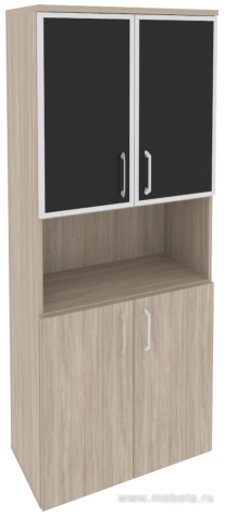 Офисный шкаф высокий широкий (2 низких фасада ЛДСП + 2 низких фасада чёрное стекло в раме)