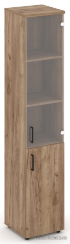 Офисный шкаф высокий узкий левый / правый (1 низкий фасад ЛДСП + 1 средний фасад стекло прозрачное)
