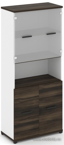 Офисный шкаф одна широкая секция, 5 ниш (2 фасада ЛДСП, 2 ниши + 2 фасада стекло белое матовое, 2 ниши)