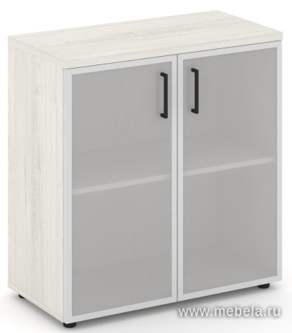 Офисный шкаф низкий широкий (2 низких фасада стекло сатин в раме, задняя стенка ЛДСП)