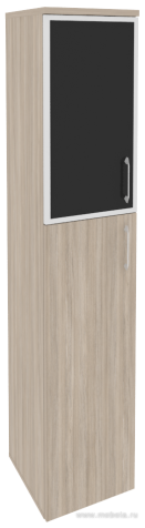 Офисный шкаф высокий узкий лев./прав. (1 средний фасад ЛДСП + 1 низкий фасад чёрное стекло в раме)