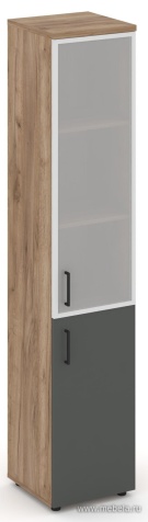 Офисный шкаф высокий узкий левый / правый (1 низкий фасад ЛДСП + 1 средний фасад стекло сатин в раме)