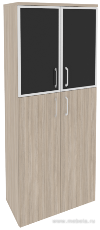 Офисный шкаф высокий широкий (2 средних фасада ЛДСП + 2 низких фасада чёрное стекло в раме)