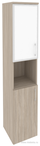 Офисный шкаф высокий узкий лев./прав.(1 низкий фасад ЛДСП + 1 низкий фасад белое стекло в раме)