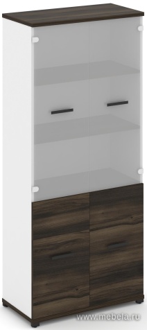 Офисный шкаф одна широкая секция, 5 ниш (2 фасада ЛДСП, 2 ниши + 2 фасада стекло белое матовое, 3 ниши)