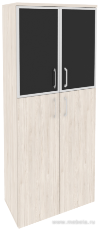 Офисный шкаф высокий широкий (2 средних фасада ЛДСП + 2 низких фасада чёрное стекло в раме)