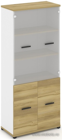 Офисный шкаф одна широкая секция, 5 ниш (2 фасада ЛДСП, 2 ниши + 2 фасада стекло белое матовое, 3 ниши)