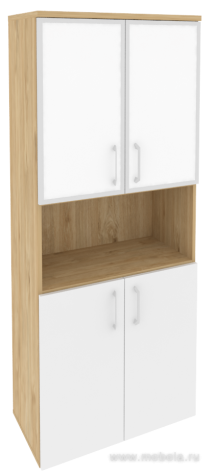 Офисный шкаф высокий широкий (2 низких фасада ЛДСП + 2 низких фасада белое стекло в раме)