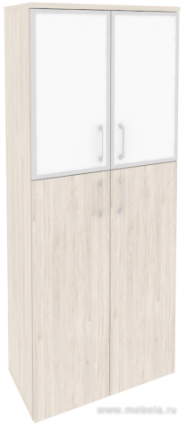 Офисный шкаф высокий широкий (2 средних фасада ЛДСП + 2 низких фасада белое стекло в раме)