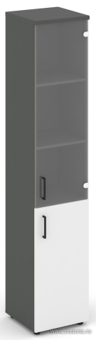 Офисный шкаф высокий узкий левый / правый (1 низкий фасад ЛДСП + 1 средний фасад стекло прозрачное)
