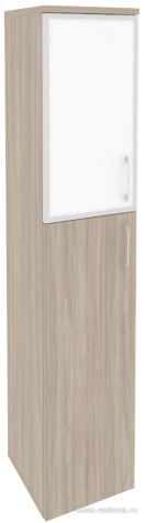 Офисный шкаф высокий узкий лев./прав. (1 средний фасад ЛДСП + 1 низкий фасад белое стекло в раме)