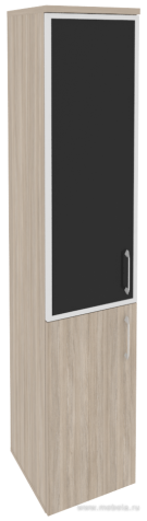 Офисный шкаф высокий узкий лев./прав. (1 низкий фасад ЛДСП + 1 средний фасад чёрное стекло в раме)