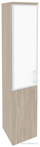 Офисный шкаф высокий узкий лев./прав. (1 низкий фасад ЛДСП + 1 средний фасад белое стекло в раме)