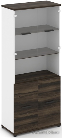 Офисный шкаф одна широкая секция, 5 ниш (2 фасада ЛДСП, 2 ниши + 2 фасада стекло прозрачное, 2 ниши)