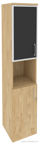 Офисный шкаф высокий узкий лев./прав.(1 низкий фасад ЛДСП + 1 низкий фасад чёрное стекло в раме)
