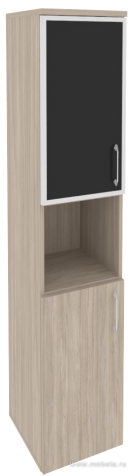 Офисный шкаф высокий узкий лев./прав.(1 низкий фасад ЛДСП + 1 низкий фасад чёрное стекло в раме)