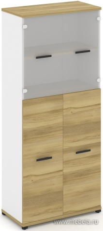 Офисный шкаф одна широкая секция, 5 ниш (2 фасада ЛДСП, 3 ниши + 2 фасада стекло белое матовое,  2 ниши)