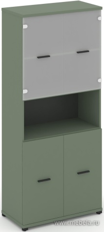 Офисный шкаф одна широкая секция, 5 ниш (2 фасада ЛДСП, 2 ниши + 2 фасада стекло белое матовое, 2 ниши)