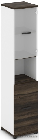 Офисный шкаф одна узкая секция, 5 ниш (фасад ЛДСП,  2 ниши + фасад стекло белое матовое, 2 ниши)