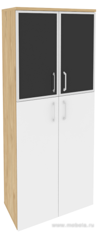 Офисный шкаф высокий широкий (2 средних фасада ЛДСП + 2 низких фасада чёрное стекло в раме)