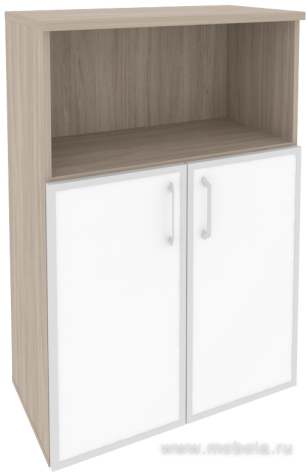 Офисный шкаф средний широкий (2 низких фасада белое стекло в раме)