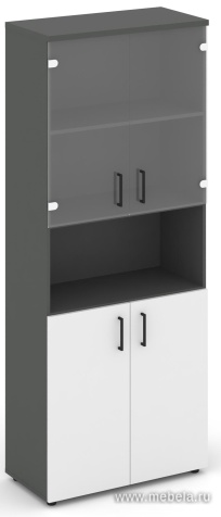 Офисный шкаф высокий широкий (2 низких фасада, задняя стенка ЛДСП + 2 низких фасада стекло прозрачное)