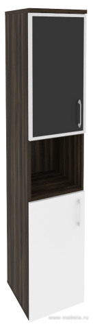 Офисный шкаф высокий узкий лев./прав.(1 низкий фасад ЛДСП + 1 низкий фасад чёрное стекло в раме)