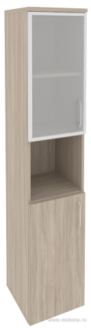Офисный шкаф высокий узкий лев./прав.(1 низкий фасад ЛДСП + 1 низкий фасад стекло в раме)