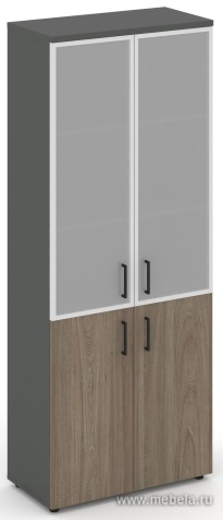 Офисный шкаф высокий широкий (2 низких фасада и задняя стенка ЛДСП + 2 средних фасада стекло сатин в раме)