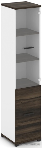 Офисный шкаф одна узкая секция, 5 ниш (фасад ЛДСП,  2 ниши + фасад стекло прозрачное, 3 ниши)