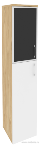 Офисный шкаф высокий узкий лев./прав. (1 средний фасад ЛДСП + 1 низкий фасад чёрное стекло в раме)